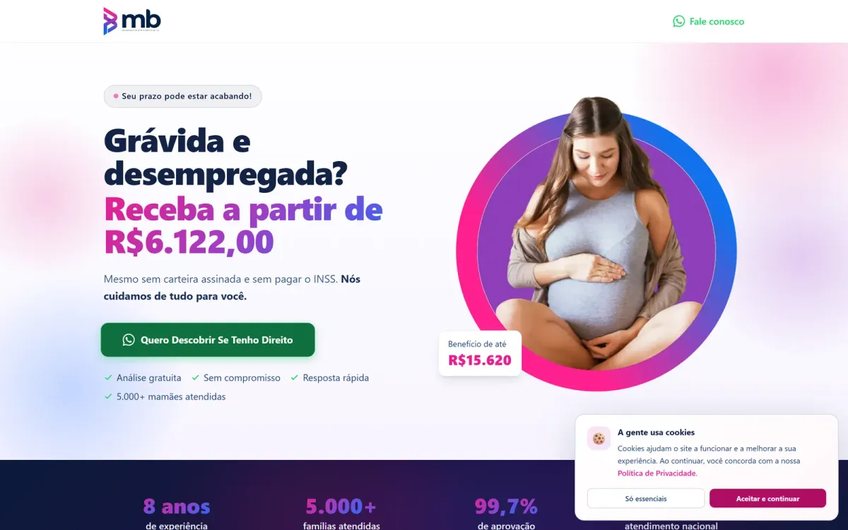 Site MB Auxílio Maternidade desenvolvido pela Moggy Cloud Agency